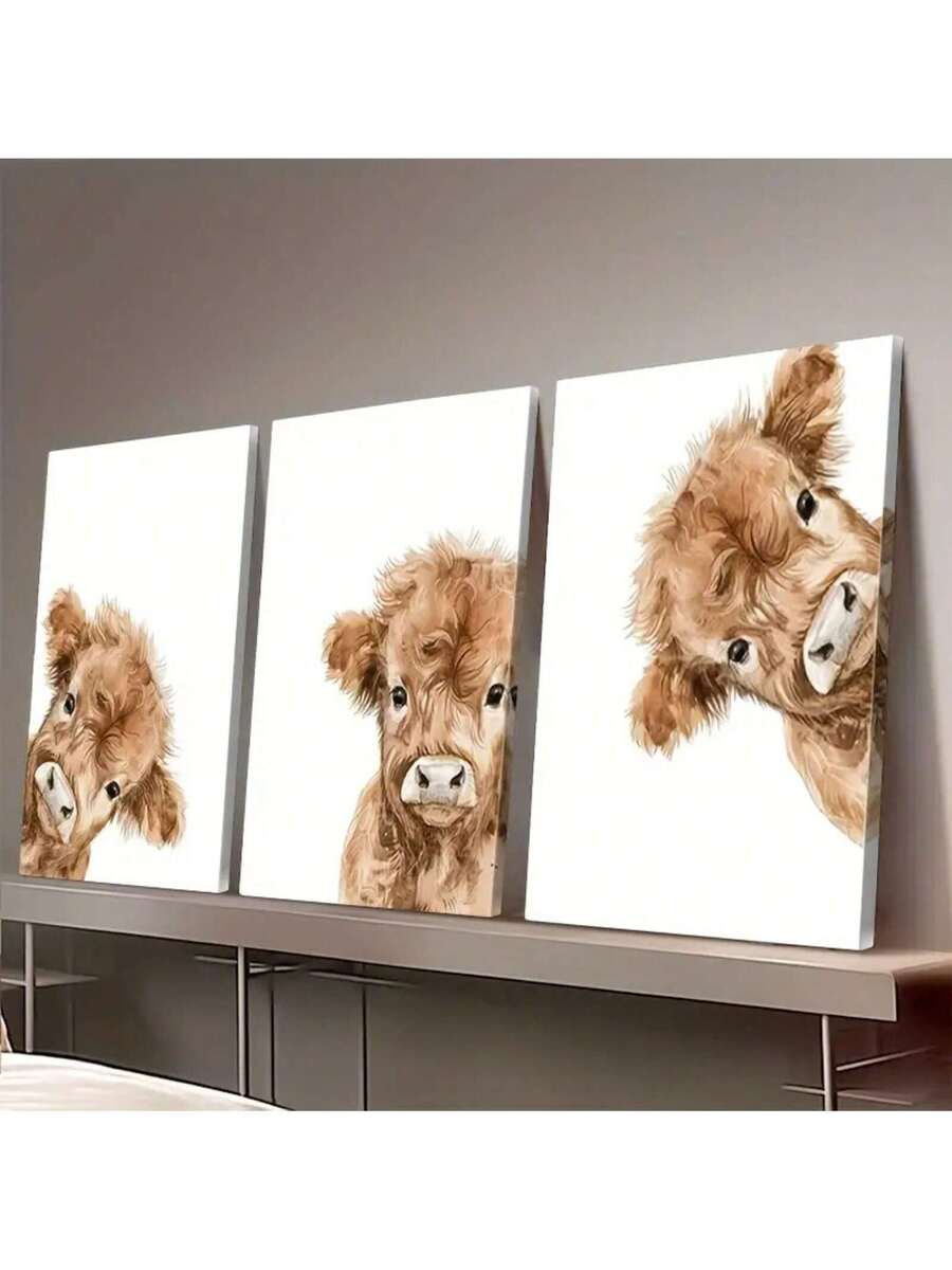 Three piece Highland cow canvas set with watercolor calf portraits
