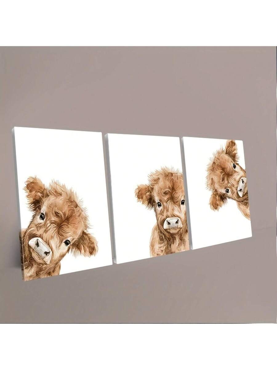 Three piece Highland cow canvas set with watercolor calf portraits