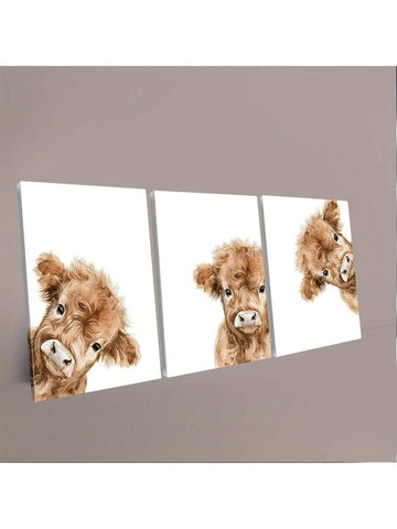 Three piece Highland cow canvas set with watercolor calf portraits