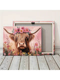 Floral Highland cow canvas with pink flowers and long horns