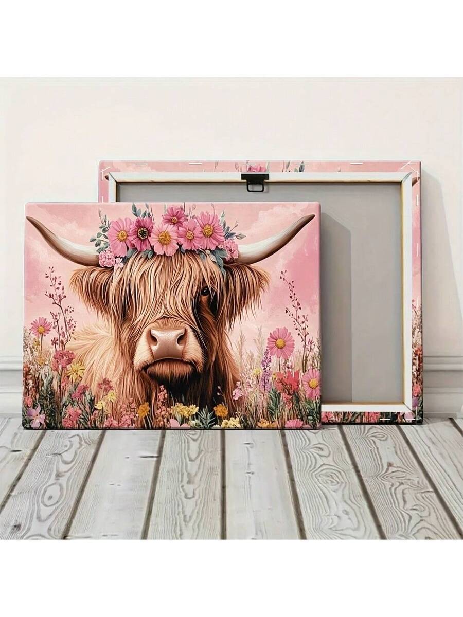 Floral Highland cow canvas with pink flowers and long horns
