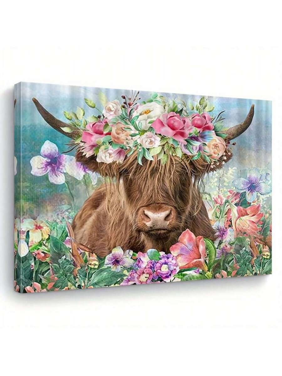 Floral Highland cow canvas with flower crown and pastel background