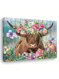 Floral Highland cow canvas with flower crown and pastel background