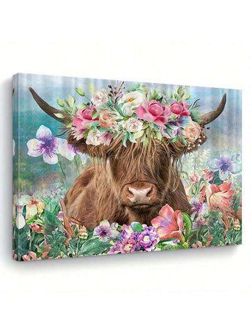 Floral Highland cow canvas with flower crown and pastel background