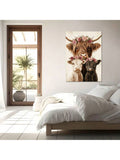 Highland cow family art with two calves and pink floral crowns