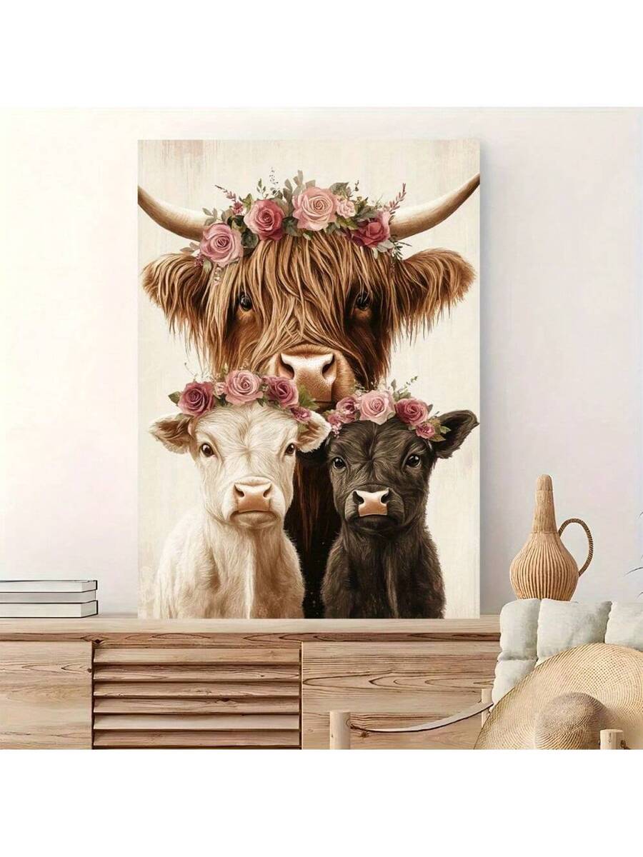 Angled canvas view of floral cow family wall art