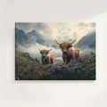 Misty mountain wall decor with purple heather and birds