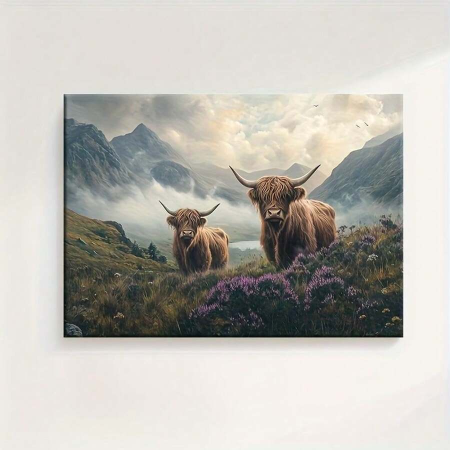 Misty mountain wall decor with purple heather and birds