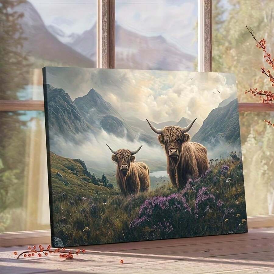 Highland cows canvas art in misty mountain valley