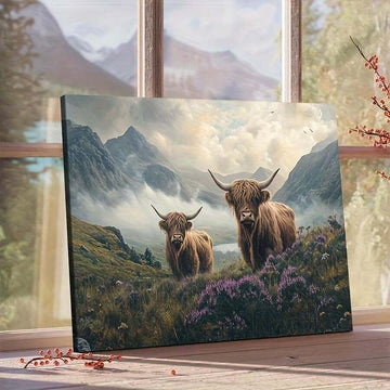 Highland cows canvas art in misty mountain valley