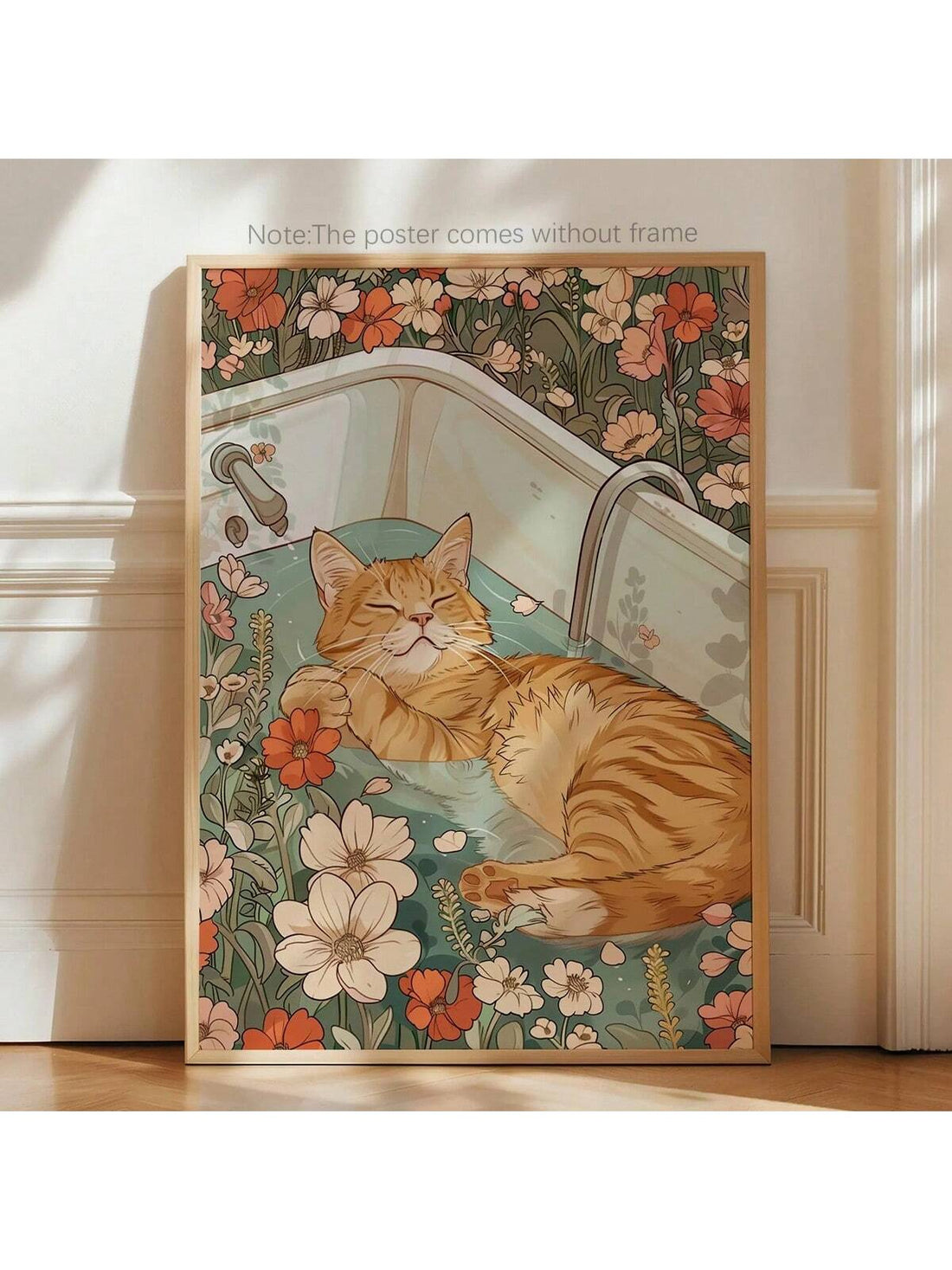 Transform your space with this delightful wall art featuring an adorable orange cat lounging in a tub surrounded by vibrant flowers. Perfect for cat enthusiasts looking to add a whimsical touch to any room, this colorful piece brings charm and personality to your home décor. A purr-fect gift for feline fans or a treat for yourself!