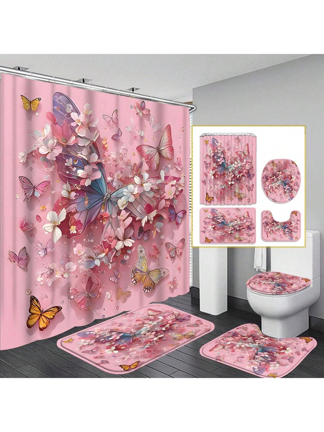 Add a splash of whimsy to your bathroom with this Charming Pink Butterfly Shower Curtain Set. This 4-piece waterproof set brightens your space while keeping water where it belongs. Perfect as a cheerful housewarming gift or a fun upgrade for your own bathroom, it combines practicality with playful style effortlessly.