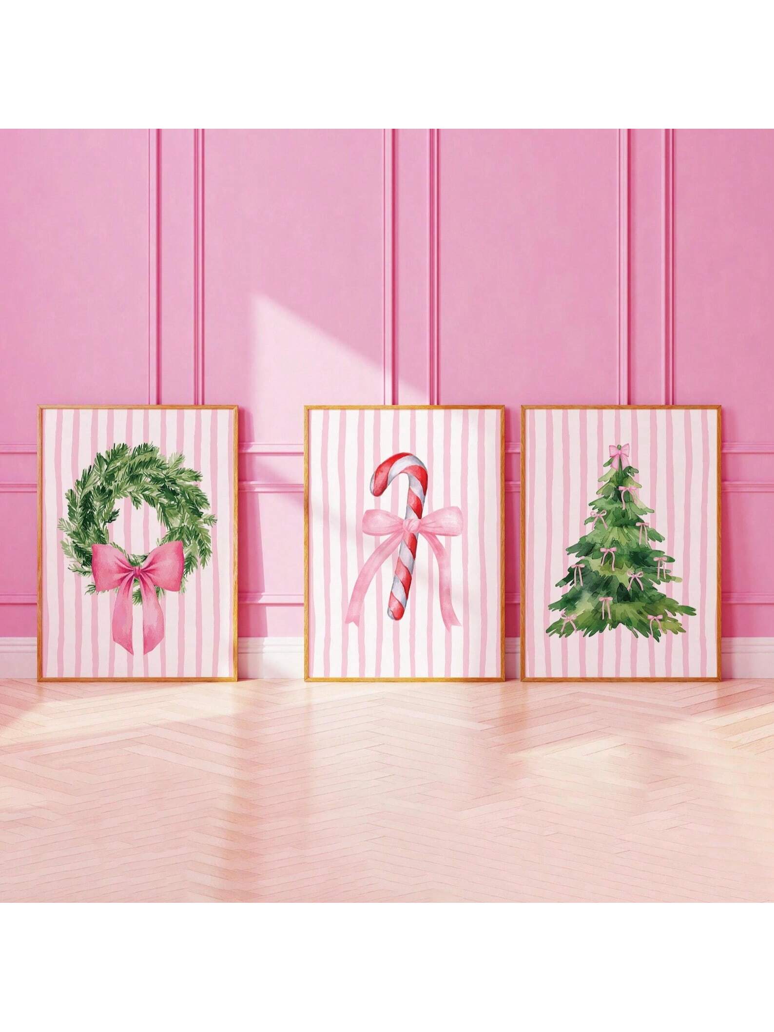Transform your holiday space with this delightful trio of pink Christmas wall art downloads! Perfect for adding a soft, festive touch to any room, this set includes three charming frameless designs that celebrate the season in style. Simply download, print, and display—no frames needed. Whether you're decorating a cozy bedroom, modern living room, or creative workspace, these playful pieces bring warmth and cheer to your walls. Ideal for budget-conscious decorators who want instant holiday magic without the