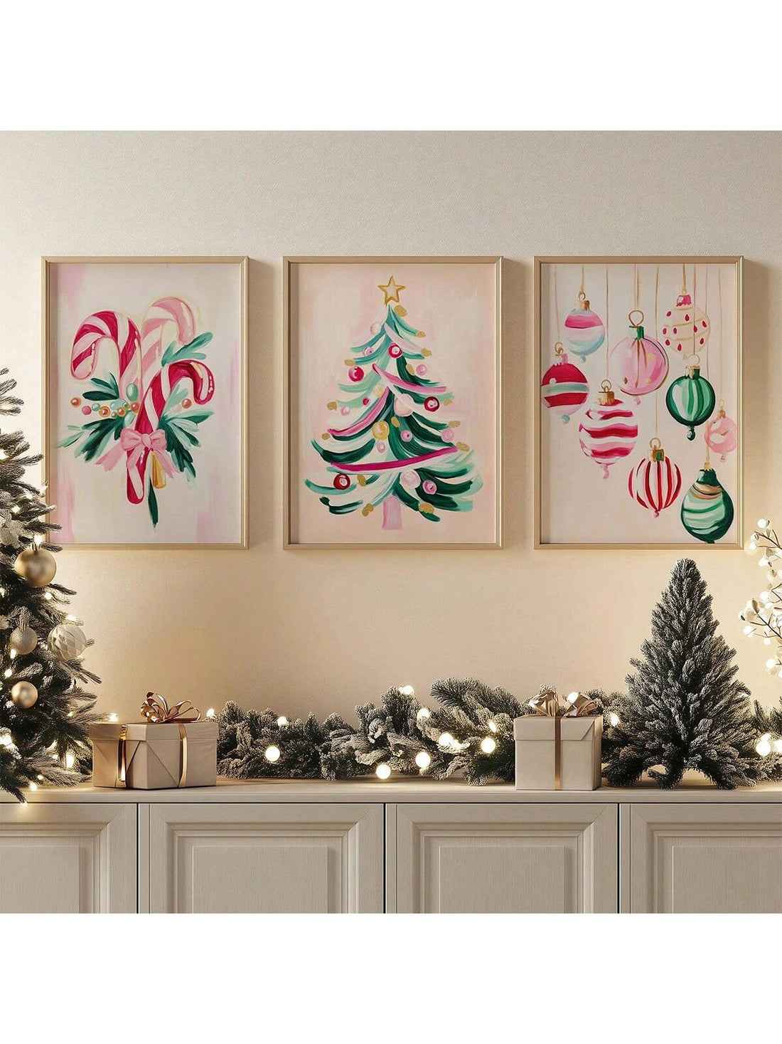 Transform your space into a winter wonderland with this delightful three-piece watercolor Christmas art set. Each print features soft pink tones and festive holiday imagery, perfect for creating an Instagram-worthy gallery wall. These charming pieces blend seasonal cheer with modern aesthetic appeal, making them ideal for living rooms, bedrooms, or entryways. The gentle watercolor style adds artistic sophistication while maintaining that cozy holiday spirit. Whether you're decorating for the season or addin
