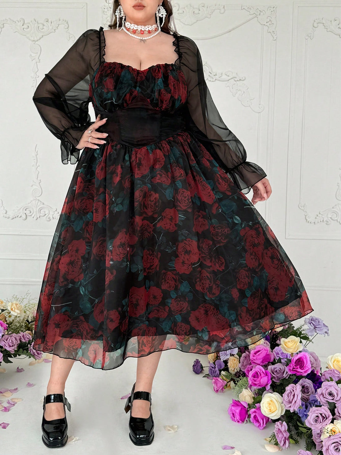 Get whimsical and romantic this Valentine's Day with our Charming Plus Size Princess Dress! With a beautiful floral print, sweetheart collar, and playful ruffle sleeves, this dress perfectly captures the essence of love and charm. Perfect for a romantic date night or a flirty soirée, this dress will make you feel like the belle of the ball.