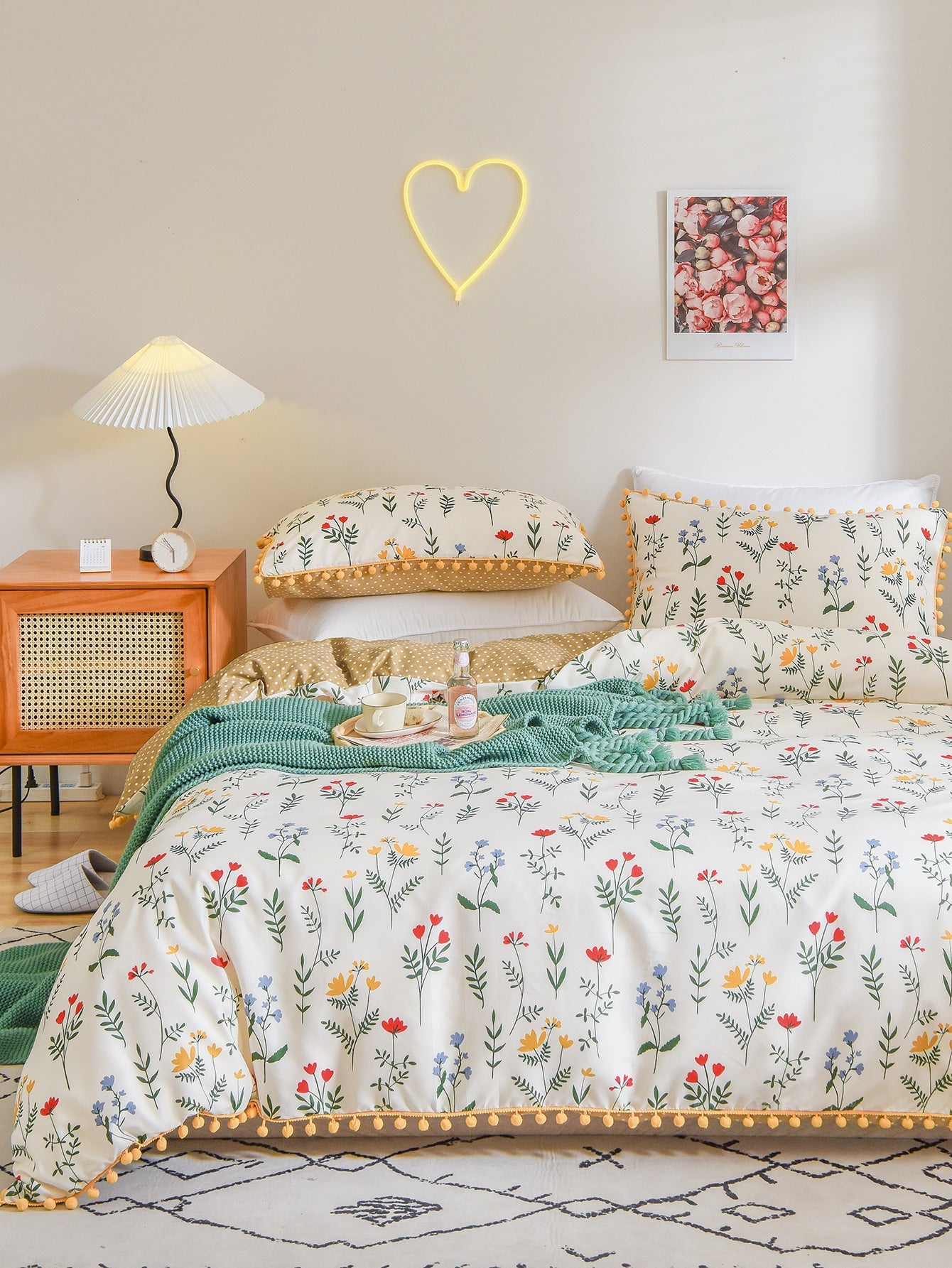Wrap yourself in whimsy with the Charming Pom Pom Floral Duvet Cover Set. Crafted from soft microfiber, this bedding brings cozy comfort and playful style to your bedroom. Adorned with cheerful pom pom accents and vibrant floral patterns, it’s perfect for adding a fun, fresh vibe to any Twin, Queen, or King bed. Easy to care for and delightfully soft, this duvet cover set turns bedtime into a joyful escape.