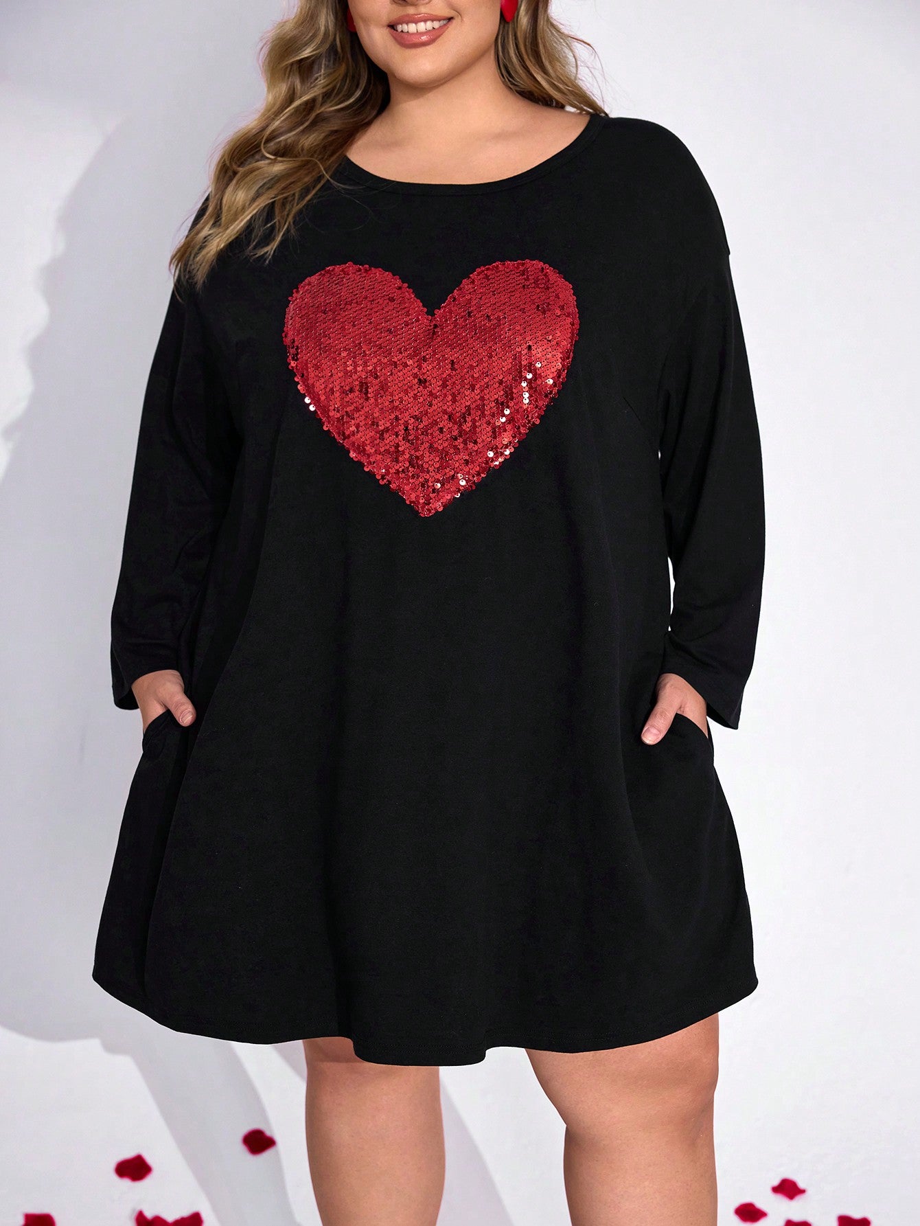 Charming Red Bead Heart Shaped Long Sleeve T-Shirt Dress with Pockets - Perfect for Valentine's Day! Charming Red Bead Heart Shaped Long Sleeve T-Shirt Dress with Pockets - Perfect for Valentine's Day!