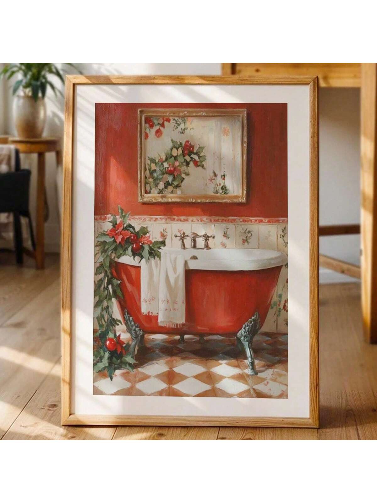 Bring a splash of holiday cheer to your bathroom with this Charming Retro Christmas Canvas Wall Art. Its nostalgic design adds festive warmth and whimsy to your space, turning even quick visits into joyful celebrations. Perfect for spreading seasonal smiles, this playful piece brightens your home with vintage holiday charm.