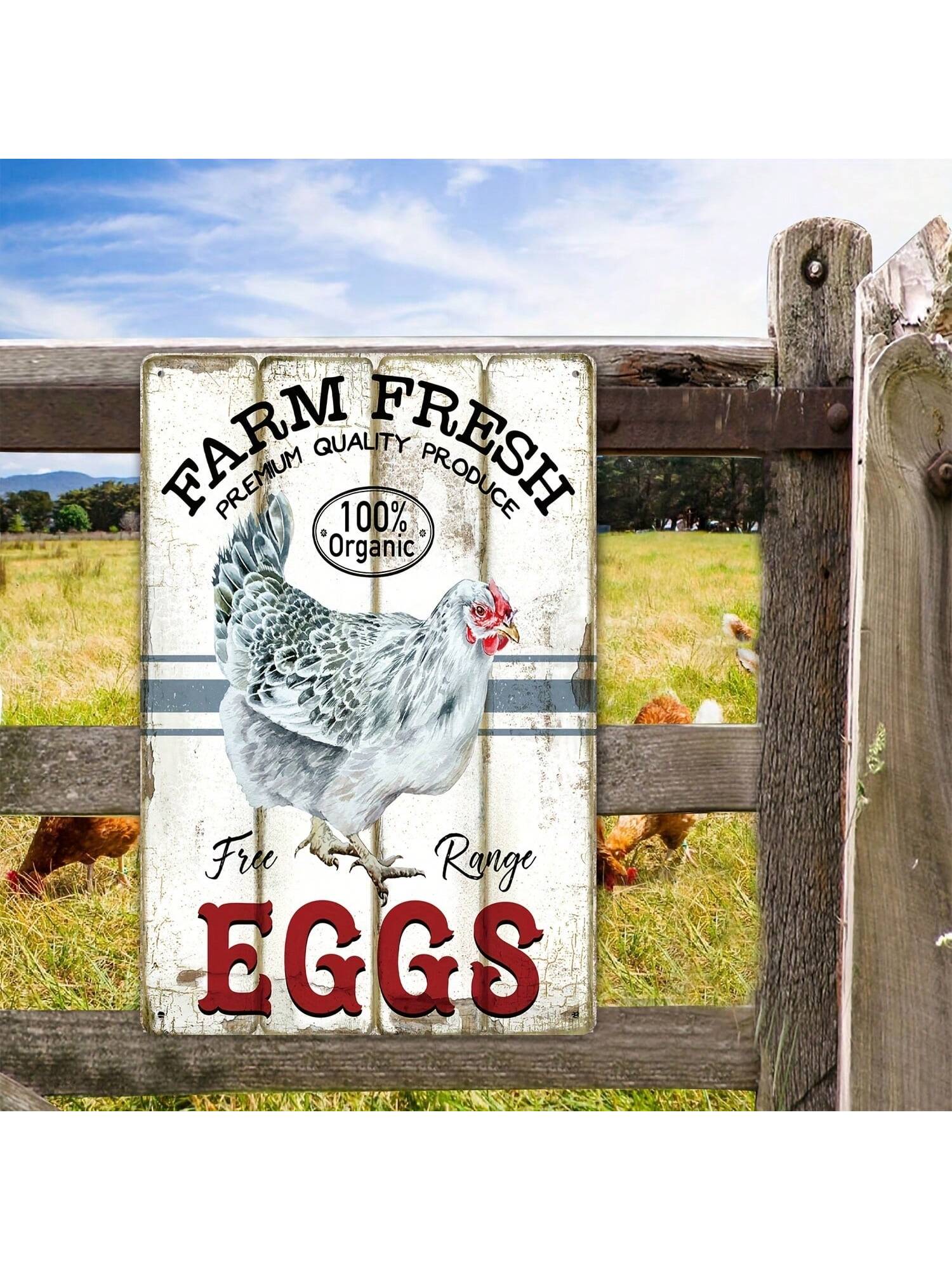 Add a touch of charm to your farmhouse kitchen with this metal sign featuring a playful design of fresh eggs and chickens. Perfect for adding a rustic yet whimsical touch to your kitchen decor.