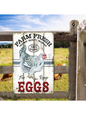 Add a touch of charm to your farmhouse kitchen with this metal sign featuring a playful design of fresh eggs and chickens. Perfect for adding a rustic yet whimsical touch to your kitchen decor.