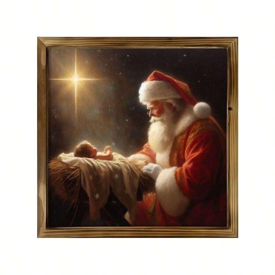 Santa and Baby Jesus nativity canvas art with Bethlehem star
