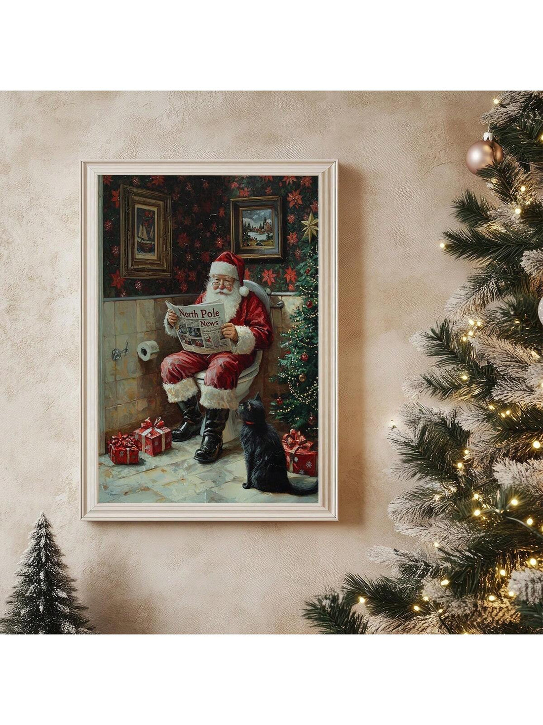 Bring festive cheer and whimsical charm to your walls with this delightful Santa and Black Cat canvas art. Perfect for adding a touch of vintage Christmas magic to any room, this playful piece combines the jolly spirit of Santa with the mysterious allure of a curious black cat. Whether you're decorating a modern home, cozy cottage, or eclectic space, this canvas captures the warmth and wonder of the holiday season with a fun twist. A conversation starter that celebrates both Christmas tradition and feline c