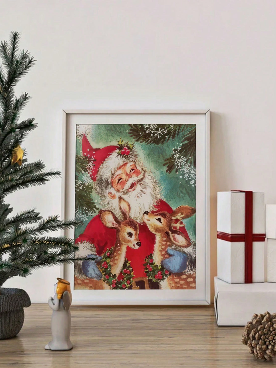 Enhance your holiday decor with the Charming Santa Elk Canvas Art Print. This vintage-inspired print adds a festive touch to any home or office space. With expertly crafted details and vibrant colors, it's the perfect way to celebrate the holiday season. Made with high-quality canvas and inks, this art print is sure to add charm and cheer to your surroundings.