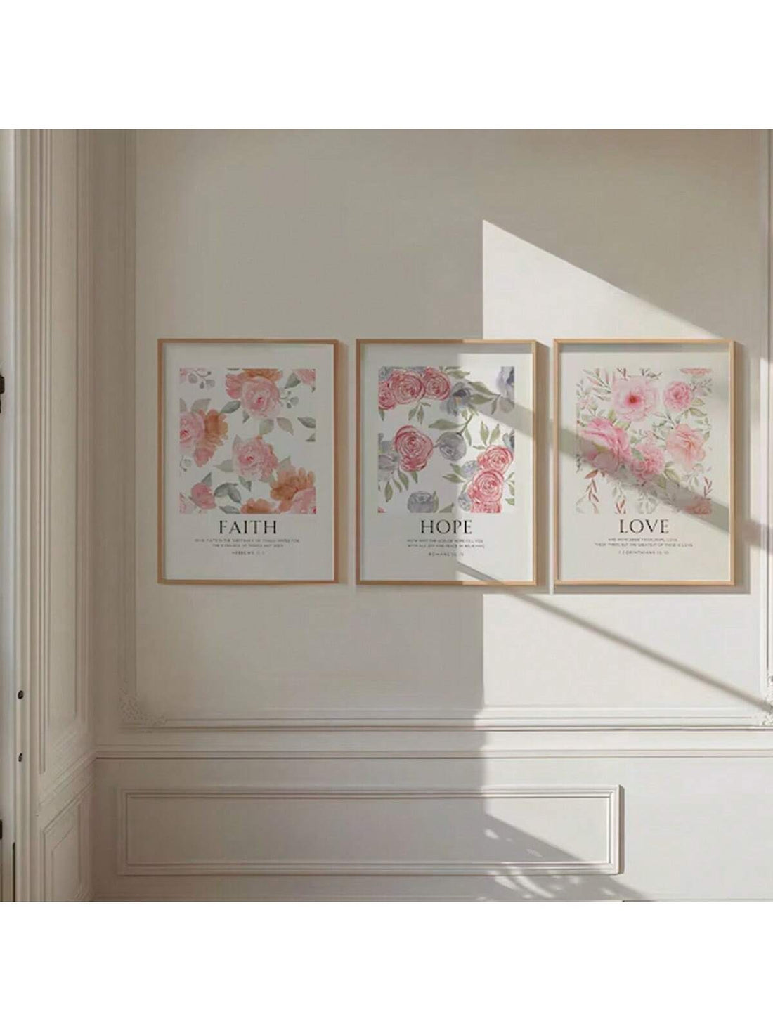 Bring a touch of grace and joy to any room with this charming trio of floral Christian wall art prints. Featuring the uplifting words Faith, Hope, and Love in soft pink hues, each print blooms with gentle beauty that inspires and uplifts. Perfect for adding a sweet, playful spirit to your home or gifting to someone who cherishes meaningful decor.