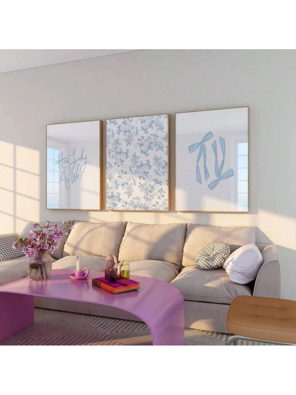 Transform your space with this delightful trio of unframed blue bow flower posters that bring effortless charm to any room. Each piece features whimsical botanical designs with charming bow accents in soothing blue tones, perfect for creating a cohesive gallery wall or scattered throughout your home. Ideal for dorm rooms, bedrooms, living spaces, or anywhere you want to add a touch of minimalist coastal vibes without the commitment of framing. Mix and match with your existing decor or layer them for maximum