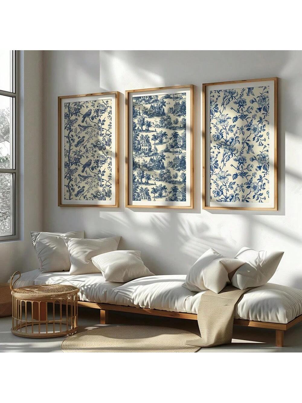 Brighten your walls with this delightful trio of vintage blue Toile De Jouy canvas prints. Featuring minimalist floral and bird designs, these prints add a touch of whimsy and elegance to any modern home. Perfect for creating a serene, charming atmosphere, they bring timeless style with a playful twist to your decor.
