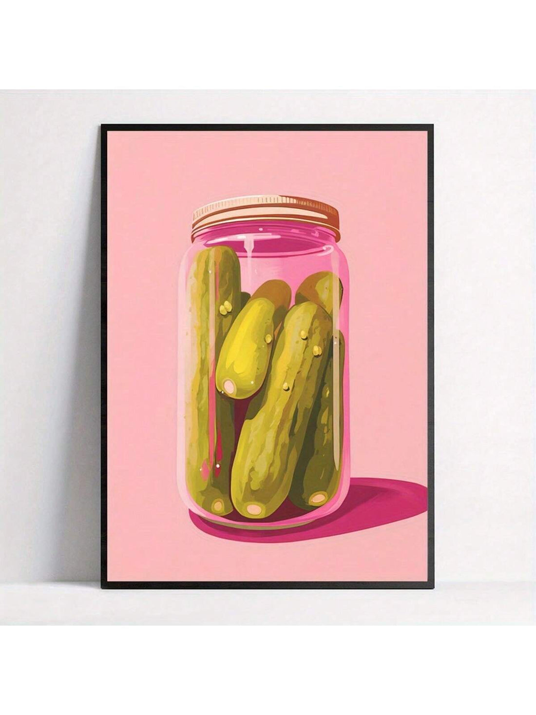 Add a splash of fun and color to your space with this charming vibrant cartoon pickle jar canvas art. Its playful retro design brings a quirky, modern twist to any room, making it the perfect conversation starter. Brighten up your walls while showcasing your unique style with this delightful piece of art.