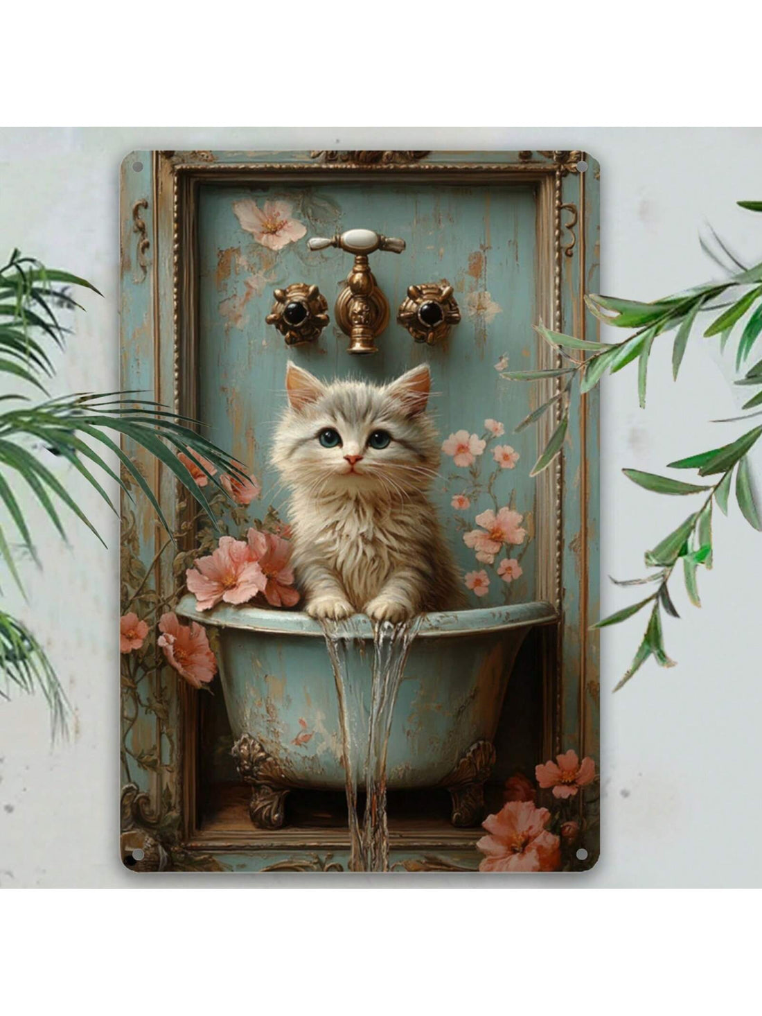 Spice up your space with this charming metal sign featuring a vintage cat in a bathtub. Perfect for adding a touch of pastel fun to your home, bar, cafe, or garden decor. Meow-velous!