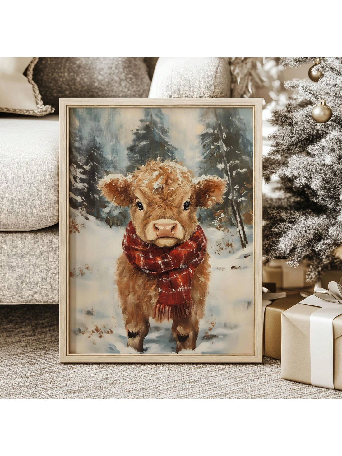 Bring rustic charm and holiday warmth to your home with this delightful vintage Highland cow wall art. Perfect for creating a cozy Christmas atmosphere, this framed winter wonderland painting features an adorable Highland cow nestled in a snowy landscape. The playful design captures the magic of the season while adding character to any room. Whether you're decorating for the holidays or year-round, this whimsical piece brings a touch of countryside comfort and festive cheer to your walls. A quirky, heartwar