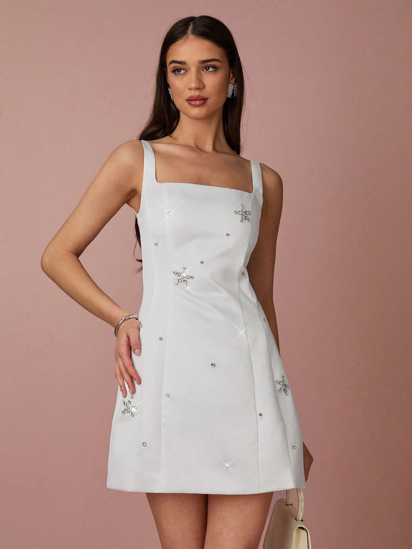 Charming White Rhinestone Mini Dress with Floral Decor for Summer Vaca – Canary Houze Charming White Rhinestone Mini Dress with Floral Decor for Summer Vaca – Canary Houze