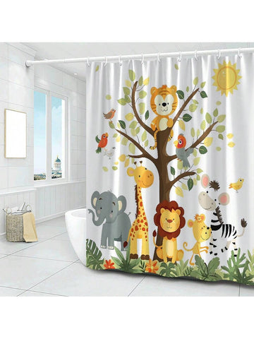 Transform your kids' bathroom into a playful jungle oasis with our Cheerful Jungle Animal Shower Curtain! Featuring a vibrant design of a lion, giraffe, and elephant, this curtain adds a pop of color and fun to any bathroom. Brighten up their routine with this unique decor.