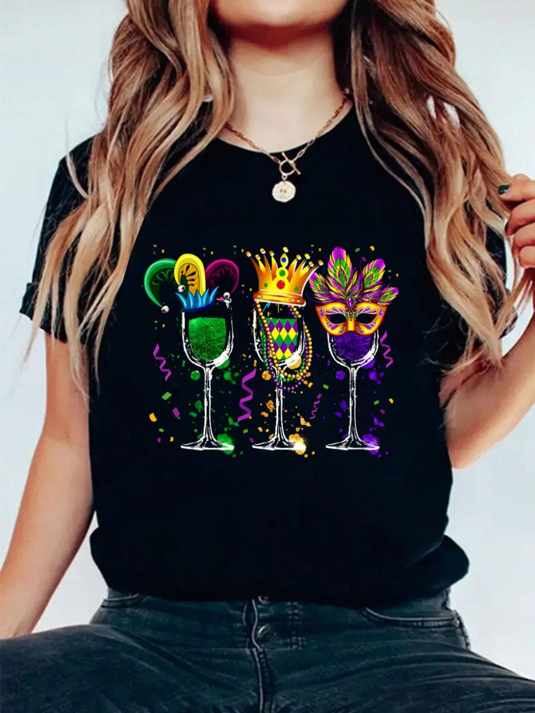 Raise a glass to Mardi Gras in our festive wine festival graphic tee. Perfect for celebrating with friends (or just for wine lovers), this tee features a playful design that is sure to turn heads. Comfortable and stylish, it's a must-have for any Mardi Gras celebration!