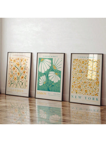 Brighten your space with this playful 3-piece floral artwork set featuring charming prints from Lisbon, New York, and London. Each piece adds a splash of color and a touch of whimsy, perfect for creating an aesthetic vibe in any room. Let these vibrant blooms bring a cheerful, worldly flair to your walls!