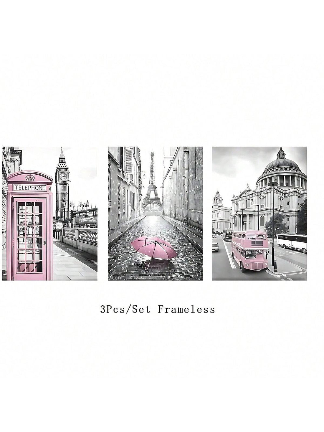 Add a dash of world travel charm to your space with this chic 3-piece canvas set featuring the Eiffel Tower, Big Ben, and St. Paul's Cathedral. Perfect for home or office, these modern art prints bring iconic architecture to life with stylish flair. Whether you're daydreaming of Parisian streets or London landmarks, this set invites a playful vibe that brightens any wall with global personality.