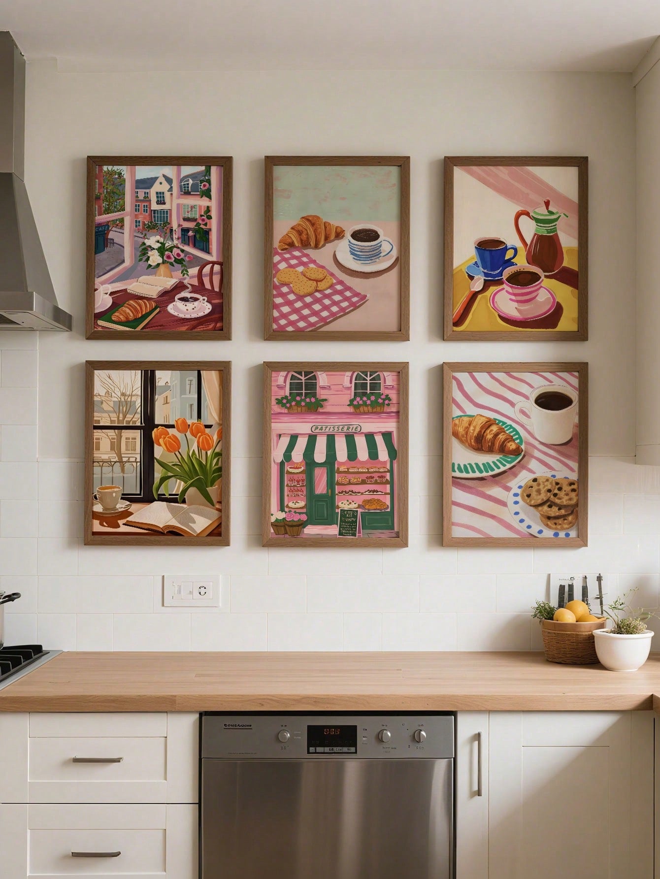 Transform your kitchen into a charming French café with this delightful 6-piece patisserie wall art collection. Featuring whimsical illustrations of coffee cups, croissants, and pastry-inspired designs, these canvas prints bring warmth and personality to any culinary space. Perfect for food lovers and design enthusiasts alike, this set combines gallery-quality artwork with easy installation. Mix and match the pieces to create your own unique gallery wall, or display them as a cohesive ensemble. Elevate your
