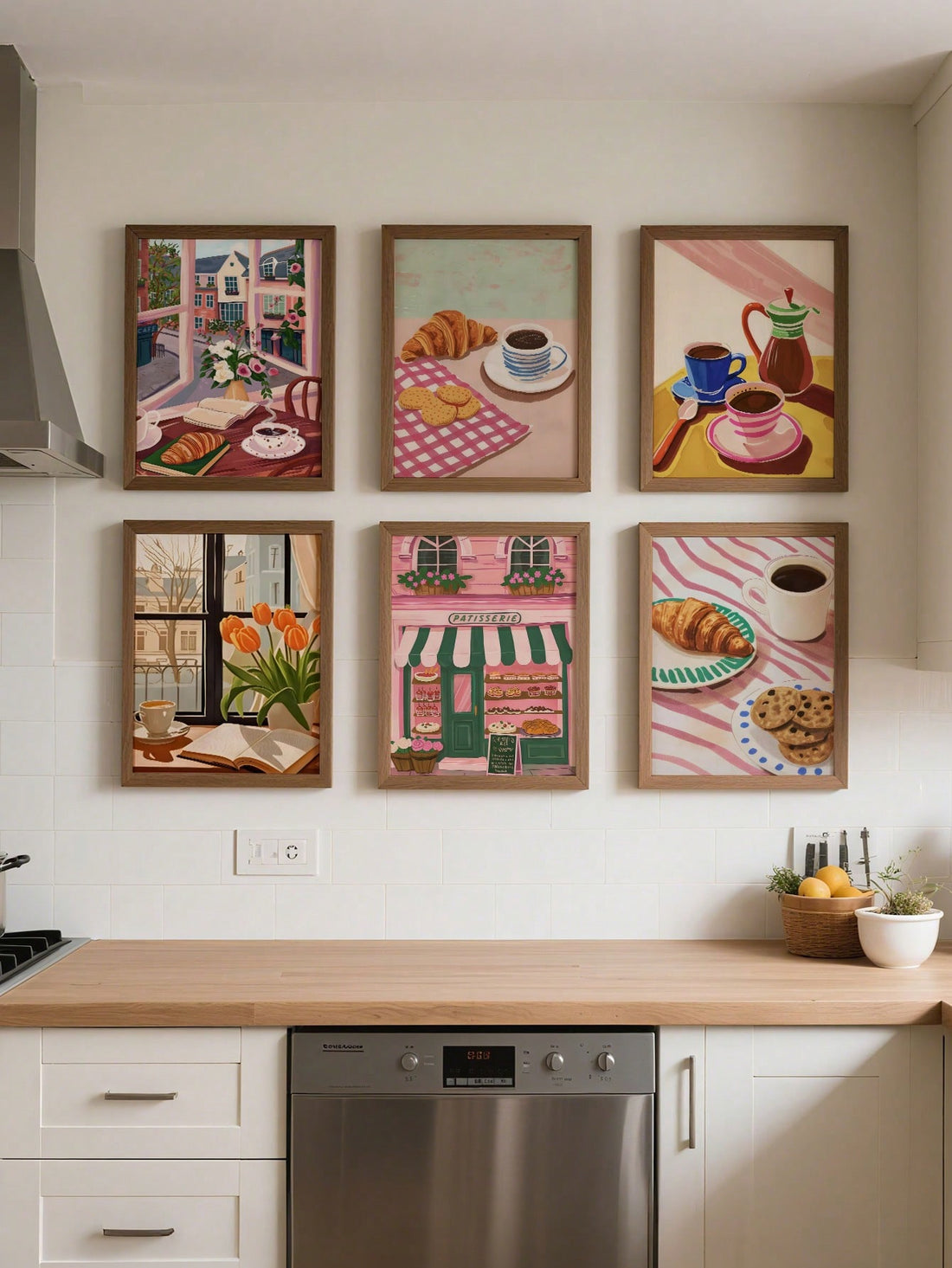 Transform your kitchen into a charming French café with this delightful 6-piece patisserie wall art collection. Featuring whimsical illustrations of coffee cups, croissants, and pastry-inspired designs, these canvas prints bring warmth and personality to any culinary space. Perfect for food lovers and design enthusiasts alike, this set combines gallery-quality artwork with easy installation. Mix and match the pieces to create your own unique gallery wall, or display them as a cohesive ensemble. Elevate your