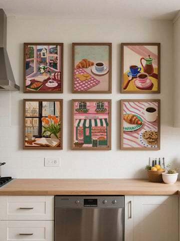 Transform your kitchen into a charming French café with this delightful 6-piece patisserie wall art collection. Featuring whimsical illustrations of coffee cups, croissants, and pastry-inspired designs, these canvas prints bring warmth and personality to any culinary space. Perfect for food lovers and design enthusiasts alike, this set combines gallery-quality artwork with easy installation. Mix and match the pieces to create your own unique gallery wall, or display them as a cohesive ensemble. Elevate your