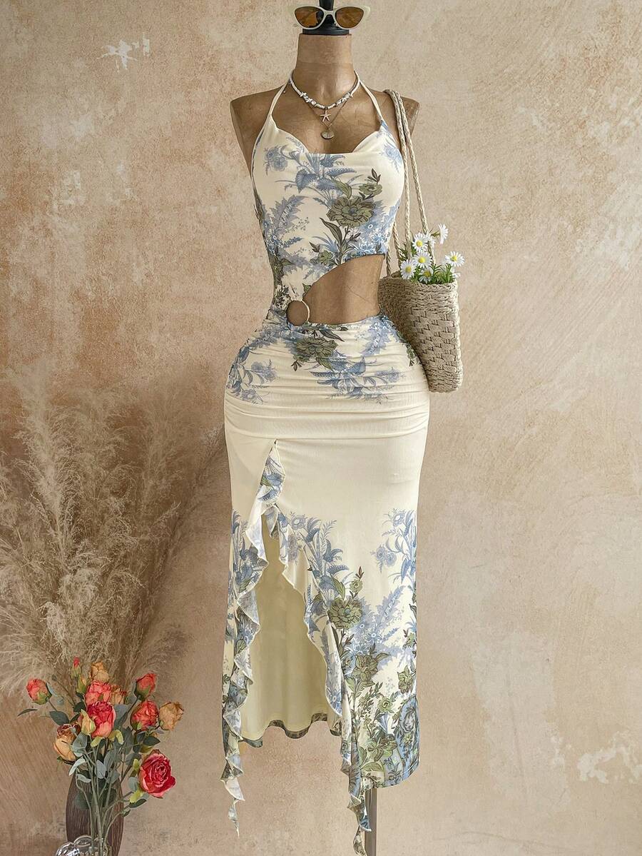 Cream blue floral halter maxi dress, side waist cutout with ring, front ruffle slit, straw bag styling