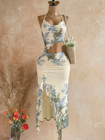 Cream blue floral halter maxi dress, side waist cutout with ring, front ruffle slit, straw bag styling