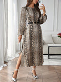 Get ready to slither your way into style with our Chic A-Line Snake Skin Print Dress! This elegant and versatile dress is perfect for the autumn and winter seasons, with its unique snake skin print adding a touch of edge to any outfit. Don't be afraid to embrace your wild side with this dress!