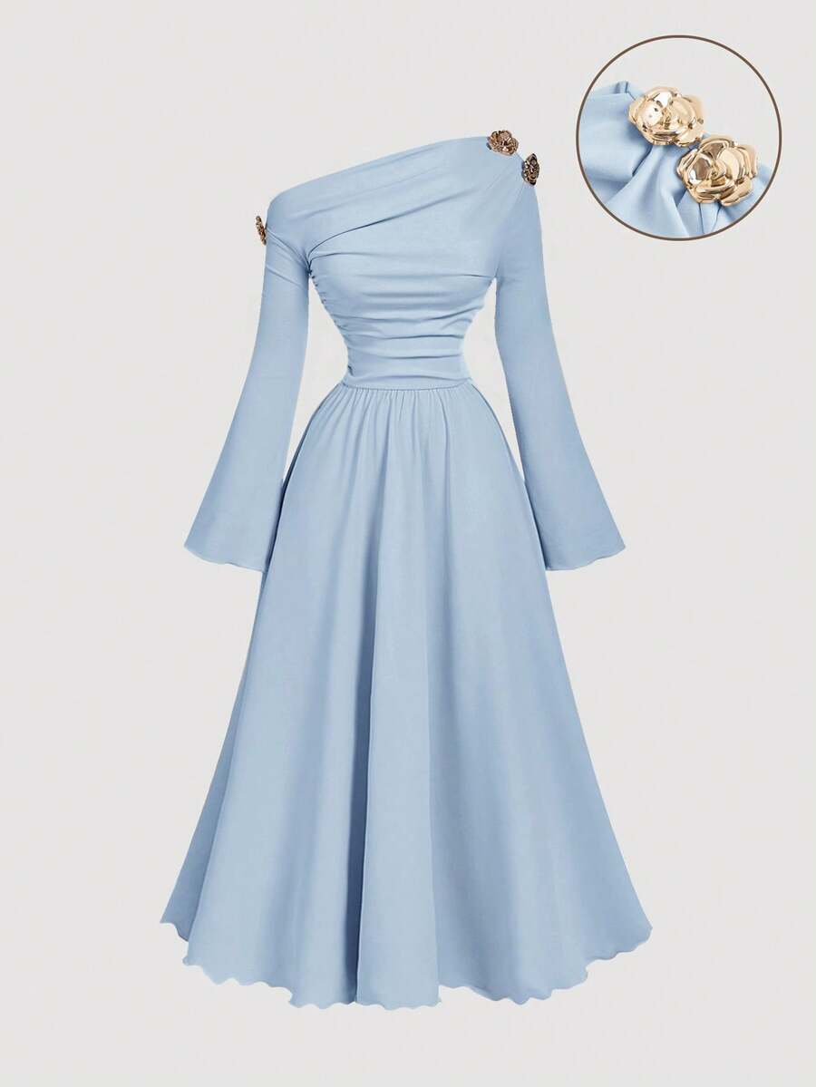 Elevate your autumn wardrobe with this stunning apricot asymmetric one-shoulder midi dress. Designed for sophisticated elegance, this A-line silhouette features a flattering ruched bodice and graceful flared hem that moves beautifully with every step. The asymmetrical neckline and one-shoulder design create a modern, eye-catching look perfect for weddings, formal events, and special celebrations. Crafted from a premium knitted fabric blend of 94% polyester and 6% elastane