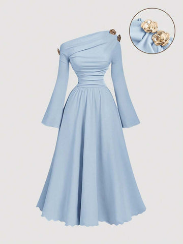 Elevate your autumn wardrobe with this stunning apricot asymmetric one-shoulder midi dress. Designed for sophisticated elegance, this A-line silhouette features a flattering ruched bodice and graceful flared hem that moves beautifully with every step. The asymmetrical neckline and one-shoulder design create a modern, eye-catching look perfect for weddings, formal events, and special celebrations. Crafted from a premium knitted fabric blend of 94% polyester and 6% elastane
