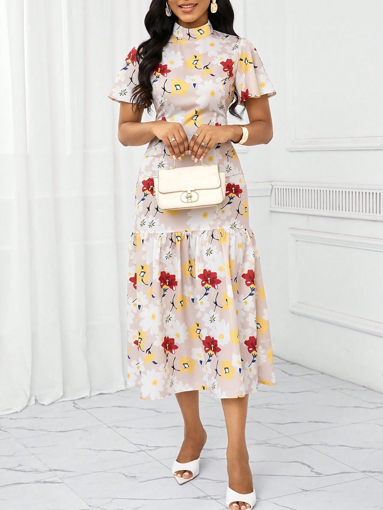 Elevate your holiday wardrobe with this chic apricot beige floral print long dress. The perfect blend of style and comfort, this dress features a slim fit skirt that flatters your figure. Show off your playful side with this must-have addition to your closet.