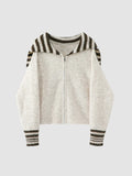 Front view of ivory fuzzy knit zip cardigan with charcoal striped sailor collar and rib trim