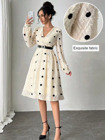 Indulge in this Chic Apricot V-Neck Embroidered Polka Dot Dress for Elegant Women. Strut your stuff in this stunning dress that exudes elegance with its V-neck, embroidered polka dots, and chic apricot color. Perfect for special occasions or when you want to add a touch of sophistication to your wardrobe.