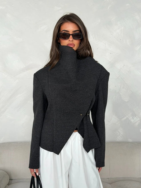 Dark grey asymmetric high collar jacket
